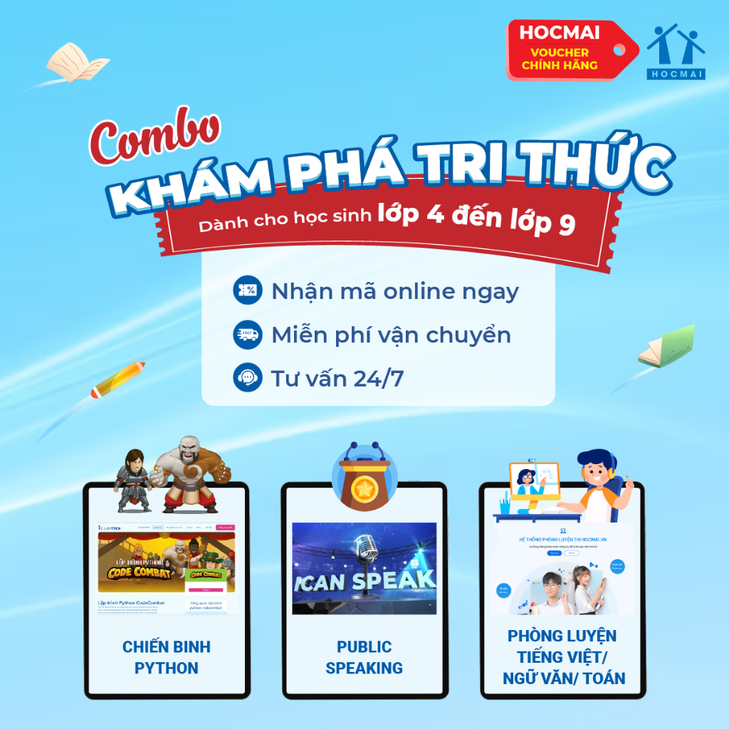 HOCMAI [Lớp 4-9] Combo Khám phá tri thức: Khóa học lập trình Python - Thuyết trình Tiếng Anh -Phòng luyện TOPCLASS - Vou