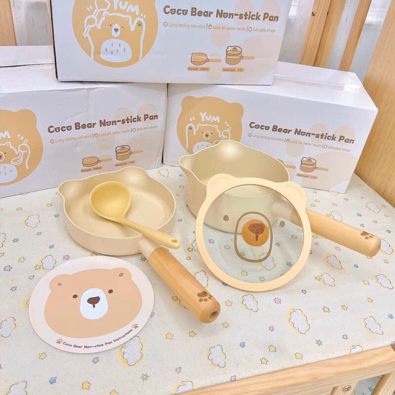 Bộ nồi chảo nấu đồ ăn dặm cho bé Hình Gấu CoCo Bear KidsWorld Chống dính có thể dùng cho mọi loại bếp siêu xinh