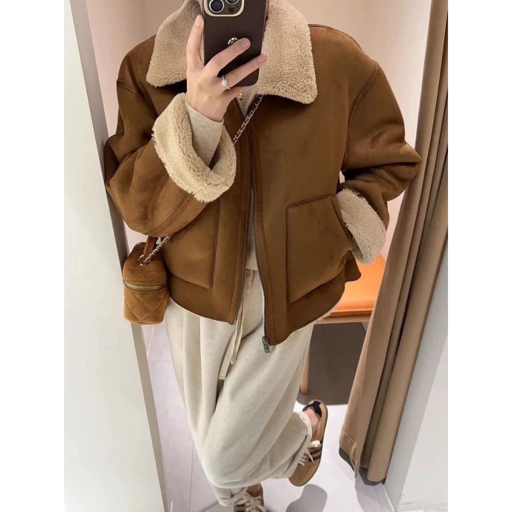 Áo Khoác Da Lộn Phối VIền Lông Dáng Crt Freesize