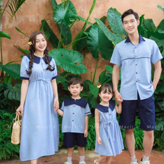 Đồ đôi gia đình đẹp size 7kg đến 100kg chất liệu vải đũi xước màu xanh biển phối xanh đen hài hòa tươi sáng