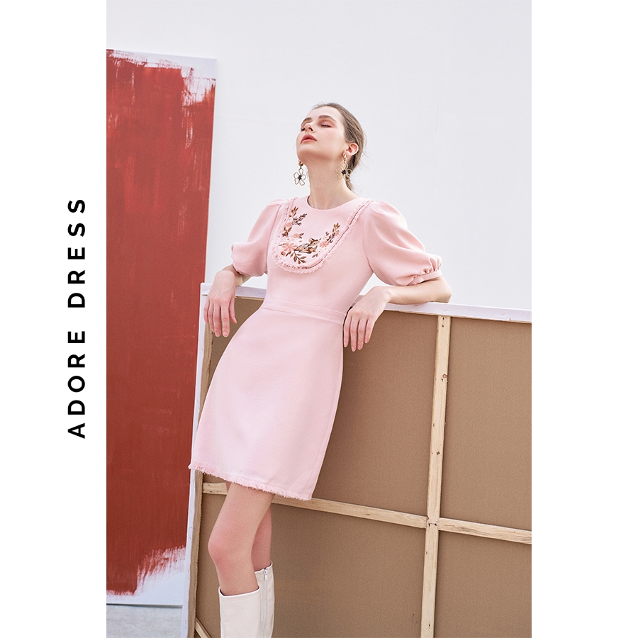 Đầm Mini dresses casual style hồng nhạt thêu little deer 312DR1150 ADORE DRESS