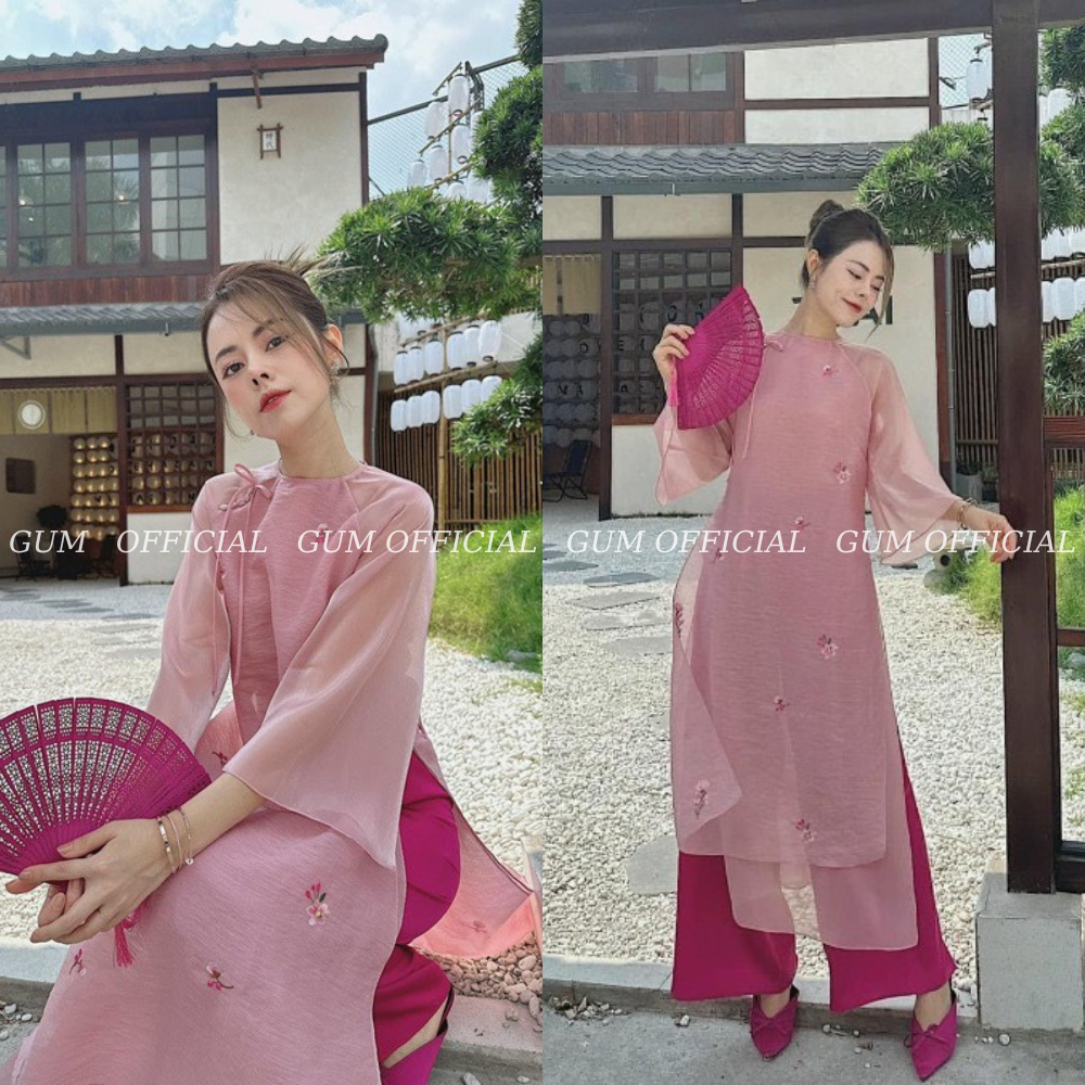 Áo dài cách tân 4 tà dáng suông thêu hoa nổi siêu xinh GUM OFFICIAL, Áo dài cách tân hoa cúc thêu nổi 4 màu