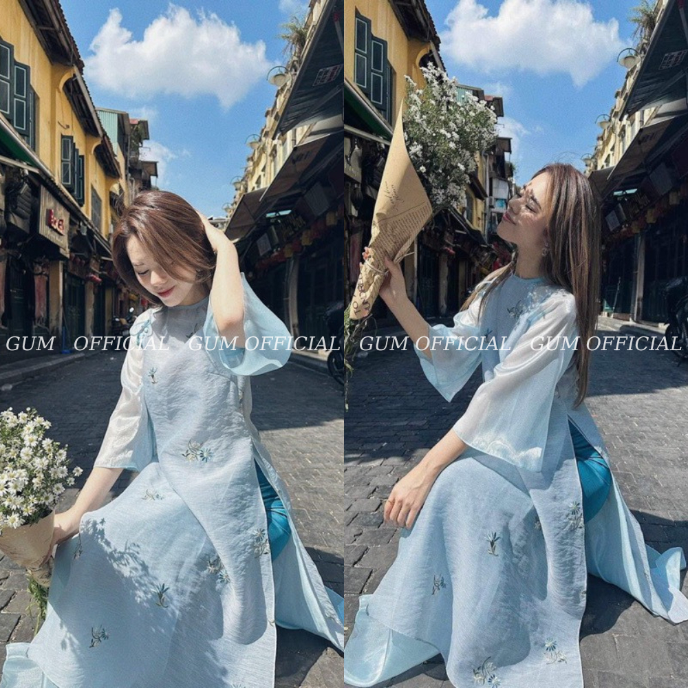 Áo dài cách tân 4 tà dáng suông thêu hoa nổi siêu xinh GUM OFFICIAL, Áo dài cách tân hoa cúc thêu nổi 4 màu