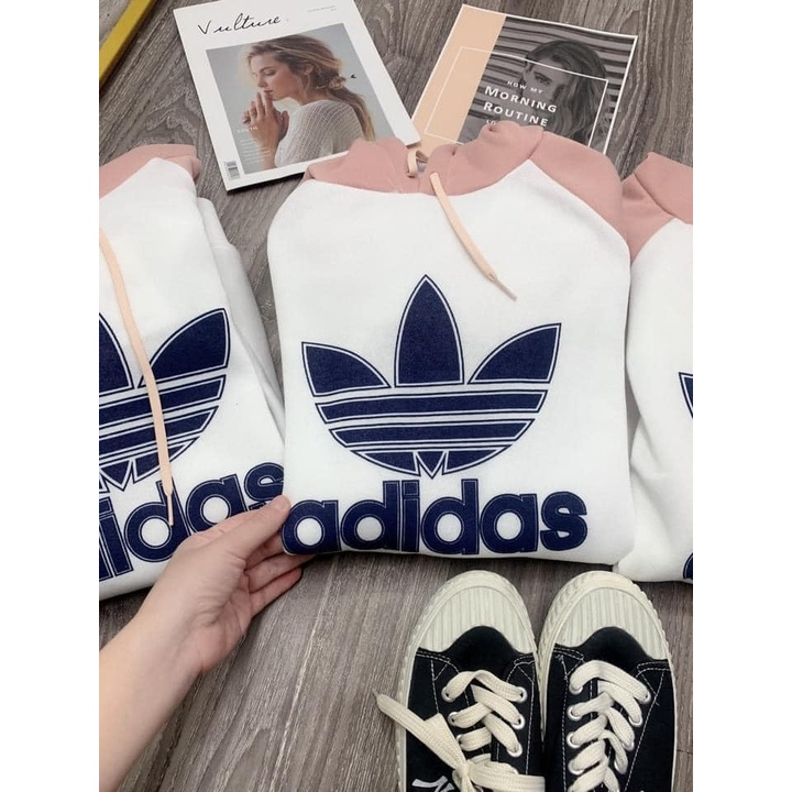 Áo nỉ nữ hoodies có mũ from rộng dấu quần DASS chất nỉ bông siêu ấm màu trắng phối hồng