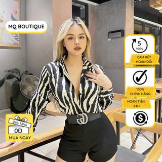 Áo lụa dài tay sơ mi nữ cao cấp thiết kế họa tiết vằn đen trắng to trang nhã, áo sơ mi họa tiết thiết kế MQ Boutique