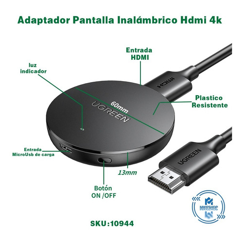 HDMI không dây cho Điện Thoại  Tivi Ugreen 10944 60356 WiFi 2.4G/5G 4K@30Hz chính hãng