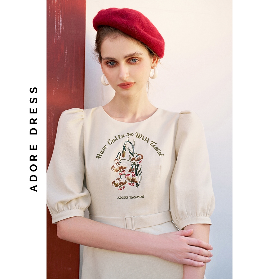 Đầm Mini dresses casual style dạ mỏng beige thêu florals 312DR1172 ADORE DRESS