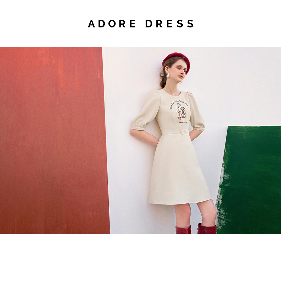 Đầm Mini dresses casual style dạ mỏng beige thêu florals 312DR1172 ADORE DRESS