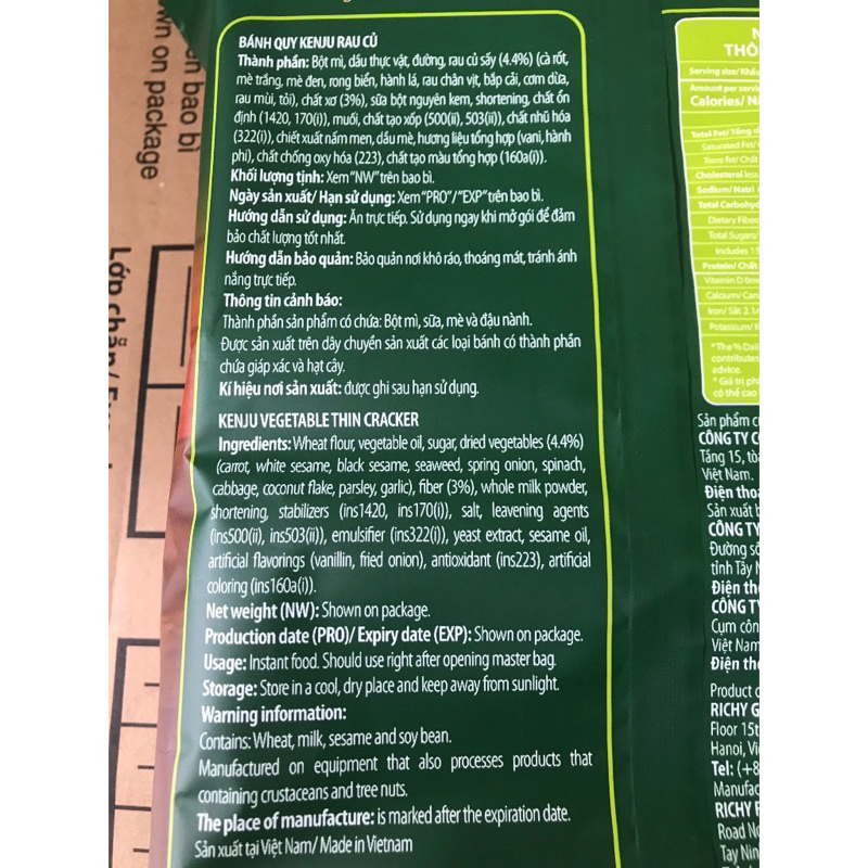 Bánh Richy Kenju Quy Rau Củ Vegetable Thin Cracker Bịch