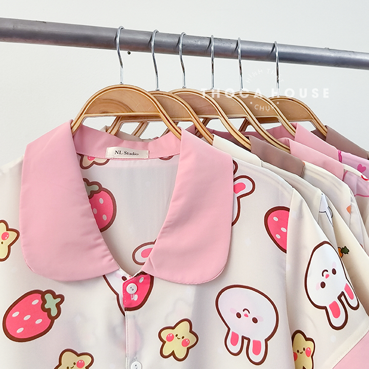 Đồ ngủ pijama mặc nhà quần dài lụa mango hoạ tiết dễ thương THOCA HOUSE bộ ngủ hoạt hình cộc tay quần dài mát mẻ