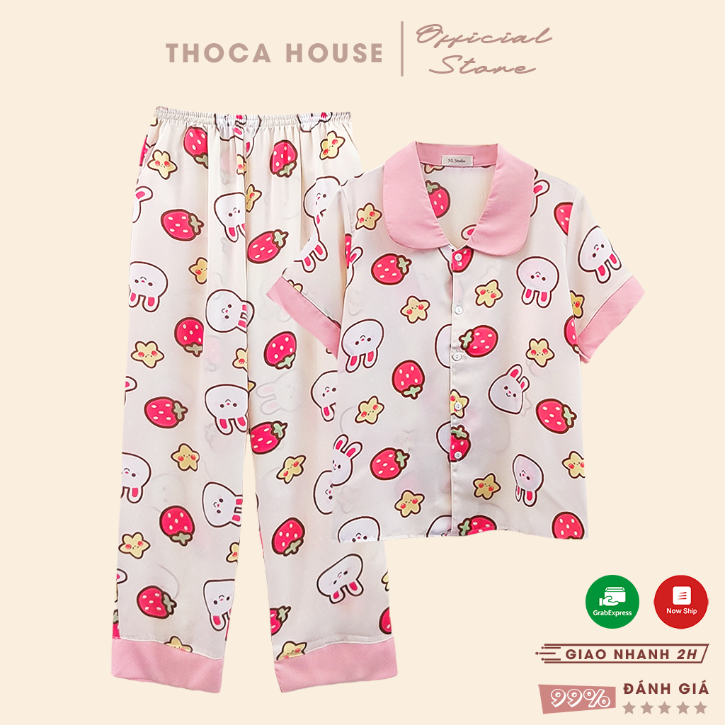 Đồ ngủ pijama mặc nhà quần dài lụa mango hoạ tiết dễ thương THOCA HOUSE bộ ngủ hoạt hình cộc tay quần dài mát mẻ