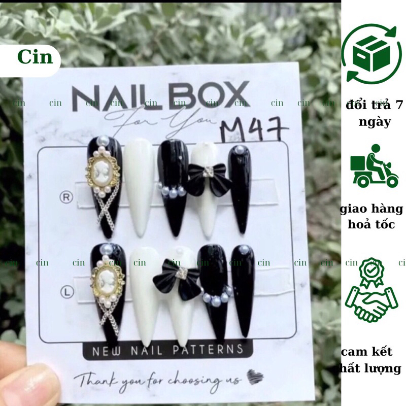 Nailbox thiết kế sang trọng màu đen trắng , móng tay giả đính nơ Cin Nailbox