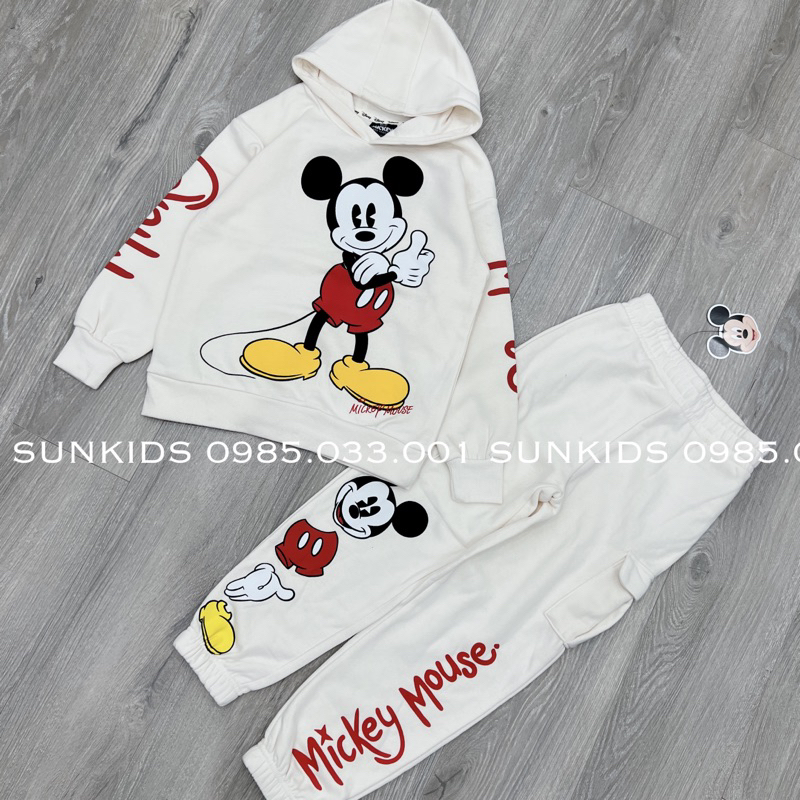 Bộ nỉ thu đông bé gái bé trai Mickey hoodie quần túi hộp