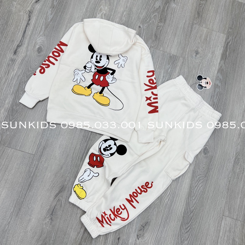 Bộ nỉ thu đông bé gái bé trai Mickey hoodie quần túi hộp