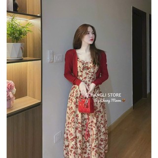 set đầm váy nữ áo khoác gân lạnh tay dài kèm đầm voan hoa (có mút ngực) dáng dài xinh xắn