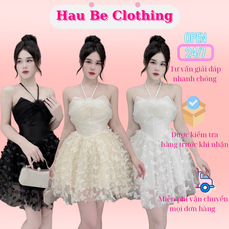 (Ảnh thật và video) Đầm tafta tiểu thư, váy cổ yếm đính hoa xòe phồng dáng ngắn xoè lưới gợi cảm