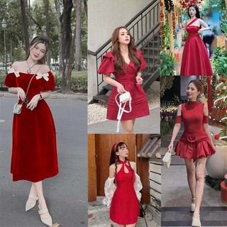 Đầm đỏ yếm tay ren trắng, đầm đỏ gấm cổ sen, đầm nhung trễ vai đính nơ, đầm đỏ lệch vai kèm tag Rossy Fashion - SR190