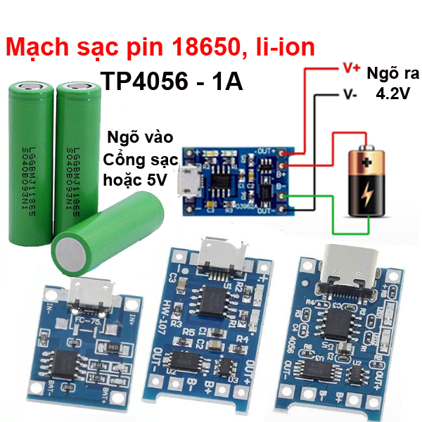 Mạch Sạc Pin 18650, Li - Ion Tp4056 Cổng Usb Micro B / Type C (Có / Không Ic Bảo Vệ )