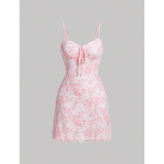 [ORDER SHEIN] Đầm Hai Dây Thắt Nơ Hoạ Tiết Hoa Lá Hồng