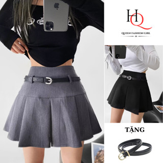 Chân váy xếp ly ngắn đẹp, chân váy tenis ly to tặng kèm đai lưng chất tuyết mưa Hàn cao cấp cạp ôm 2 màu ghi xám- 777HQ