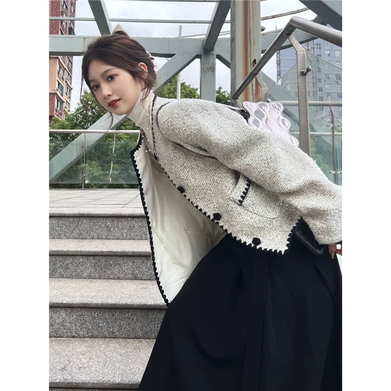 Áo Khoác Dạ Tweed nữ  Dày Dặn choàng Cúc Hoa HUNA COAT