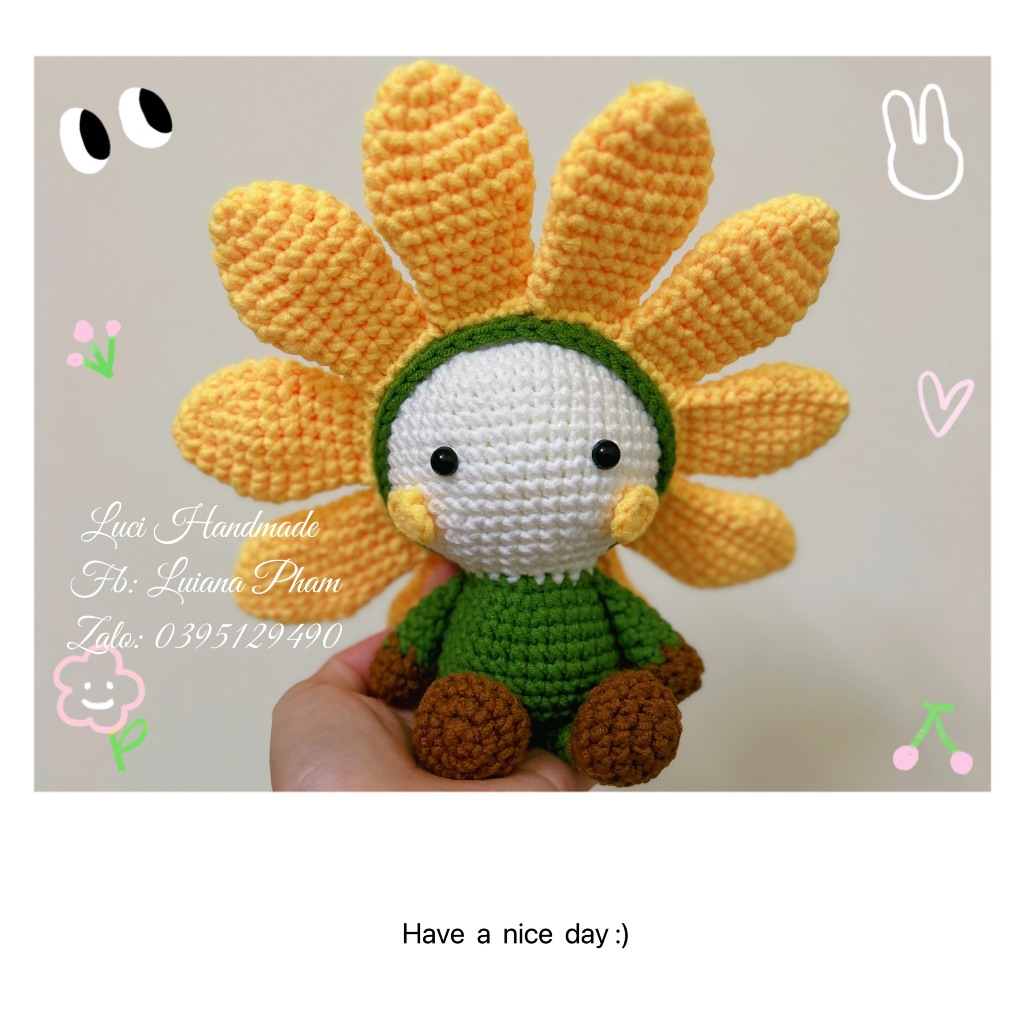 Búp Bê Nhồi Bông Hoa Hướng Dương Bằng Len 20cm, Búp Bê Handmade