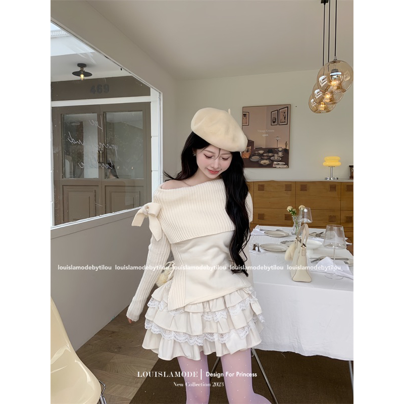 Set Áo Trễ Vai Buộc Nơ Kèm Chân Váy Phối Ren Tầng