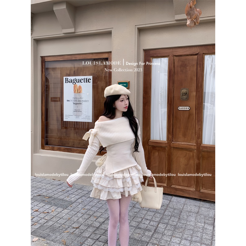 Set Áo Trễ Vai Buộc Nơ Kèm Chân Váy Phối Ren Tầng
