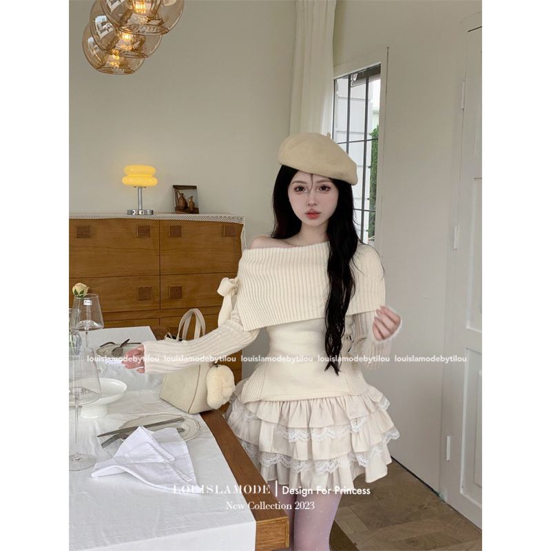 Set Áo Trễ Vai Buộc Nơ Kèm Chân Váy Phối Ren Tầng