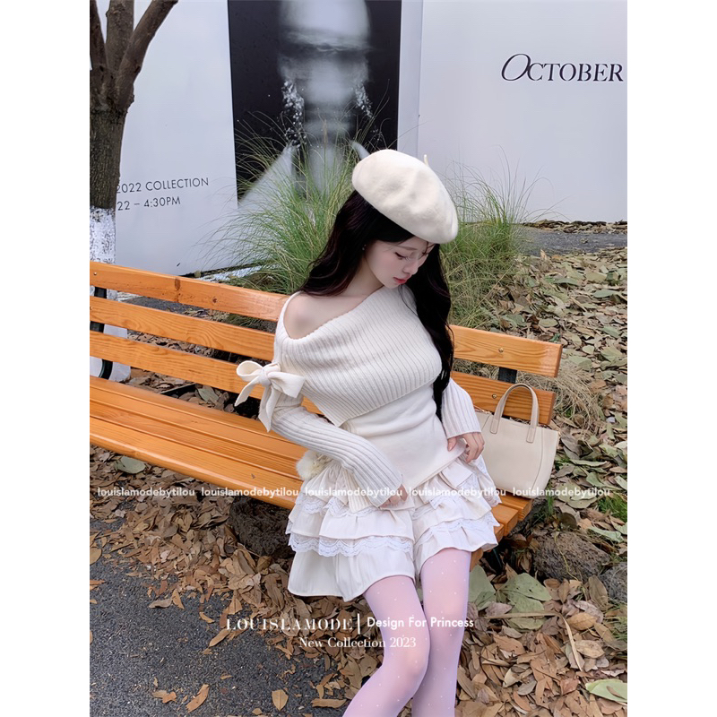 Set Áo Trễ Vai Buộc Nơ Kèm Chân Váy Phối Ren Tầng