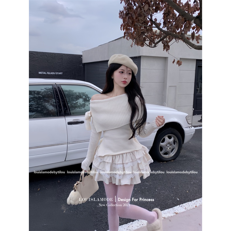 Set Áo Trễ Vai Buộc Nơ Kèm Chân Váy Phối Ren Tầng