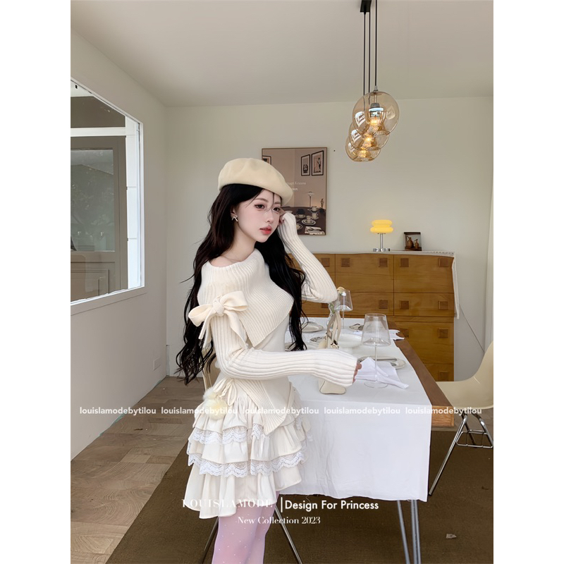 Set Áo Trễ Vai Buộc Nơ Kèm Chân Váy Phối Ren Tầng