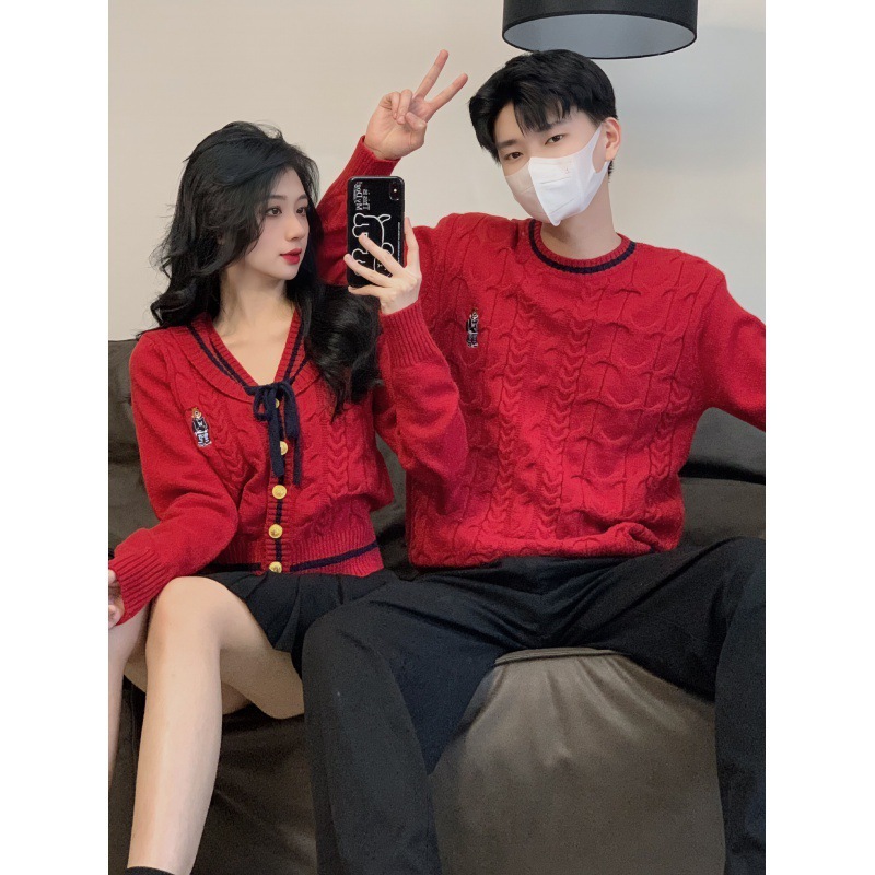 Áo đôi, Áo len đôi nam nữ dẹt kim màu đỏ đón Noel Năm Mới đồ đôi couple 2LOVE thu đông 2023 Mã 2L0013