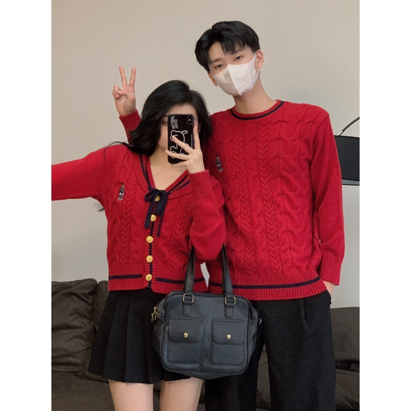 Áo đôi, Áo len đôi nam nữ dẹt kim màu đỏ đón Noel Năm Mới đồ đôi couple 2LOVE thu đông 2023 Mã 2L0013