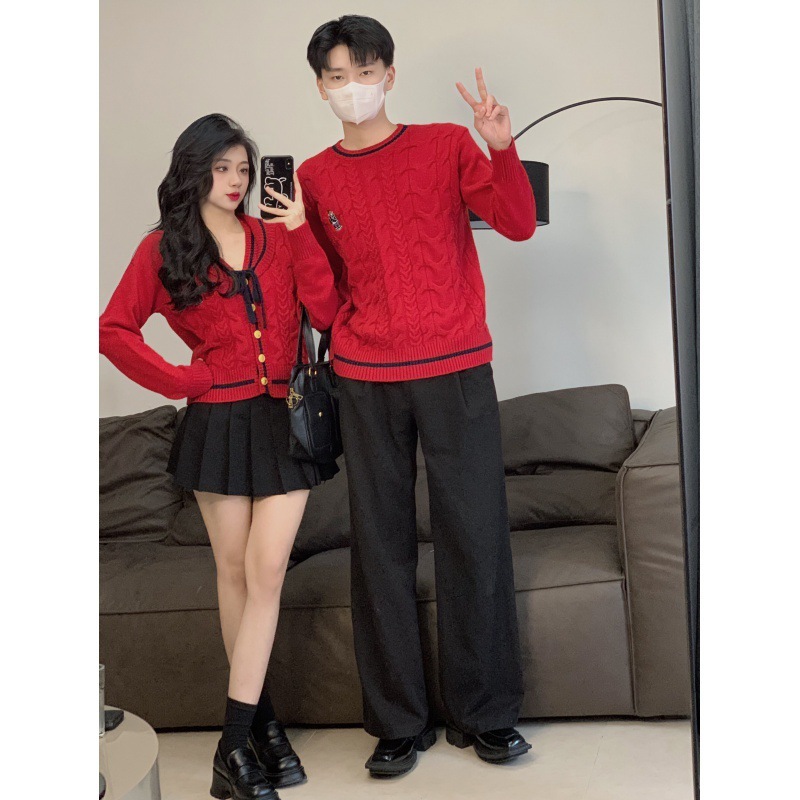 Áo đôi, Áo len đôi nam nữ dẹt kim màu đỏ đón Noel Năm Mới đồ đôi couple 2LOVE thu đông 2023 Mã 2L0013