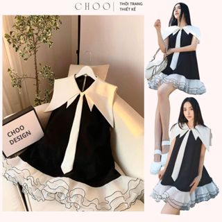 Dollz Dress - Đầm suông chữ a form rộng dáng xoè sát nách phối nơ cà vạt tiểu thư, dự tiệc, sang trọng màu đen CHOO.VN