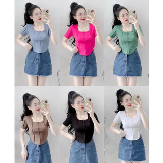 Áo thun nữ croptop vạt bầu phối viền cổ u