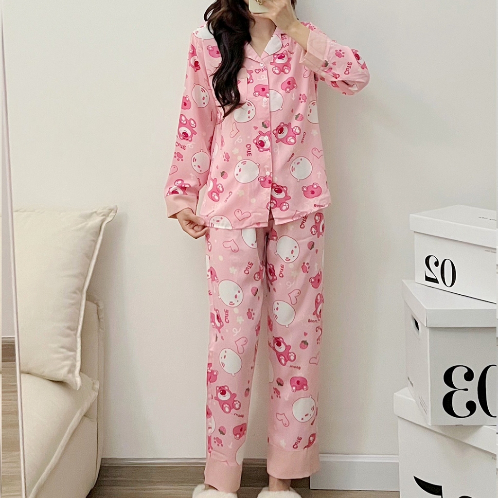 Đồ ngủ pijama mặc nhà quần dài lụa mango hoạ tiết dễ thương THOCA HOUSE bộ ngủ hoạt hình cộc tay quần dài mát mẻ