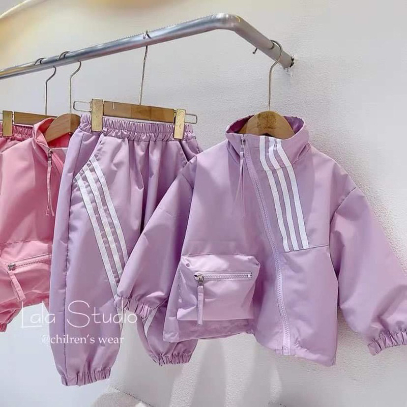 Bộ gió 2 lớp tím và hồng sọc trắng cho bé gái