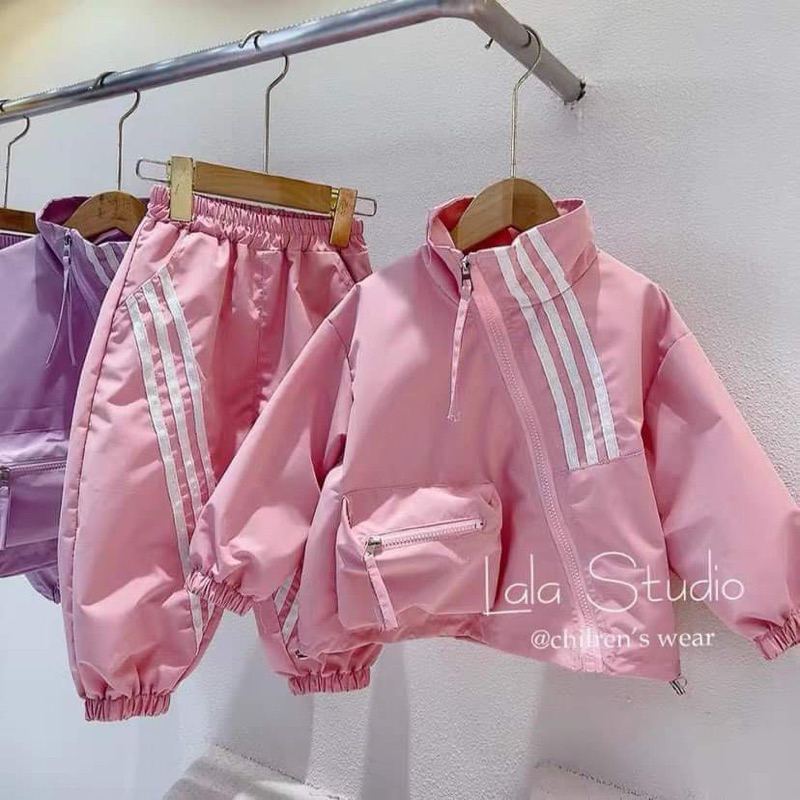 Bộ gió 2 lớp tím và hồng sọc trắng cho bé gái