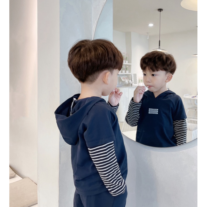 Set bộ hoodie  cotton dài tay, tay phối kẻ quần bo gấu Beemo cho bé