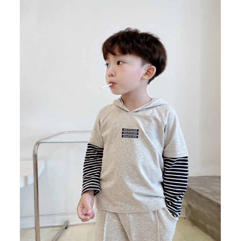 Set bộ hoodie  cotton dài tay, tay phối kẻ quần bo gấu Beemo cho bé