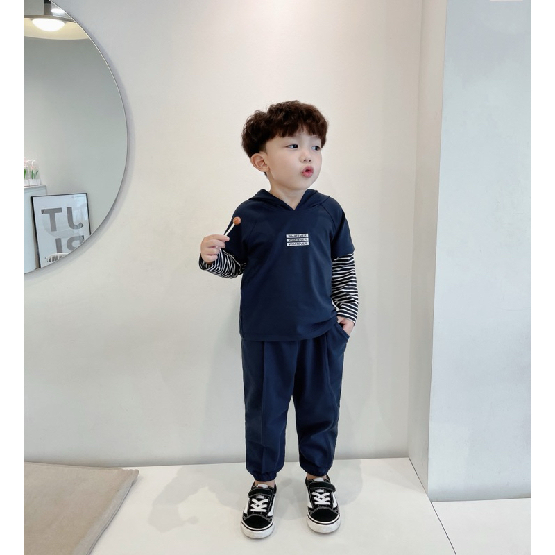 Set bộ hoodie  cotton dài tay, tay phối kẻ quần bo gấu Beemo cho bé