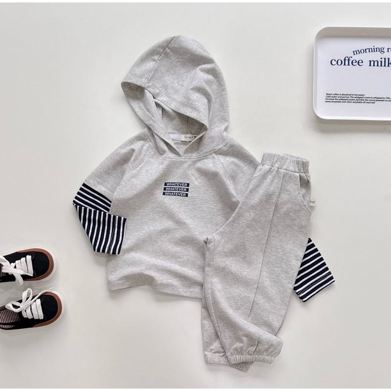 Set bộ hoodie  cotton dài tay, tay phối kẻ quần bo gấu Beemo cho bé