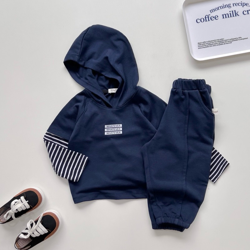 Set bộ hoodie  cotton dài tay, tay phối kẻ quần bo gấu Beemo cho bé