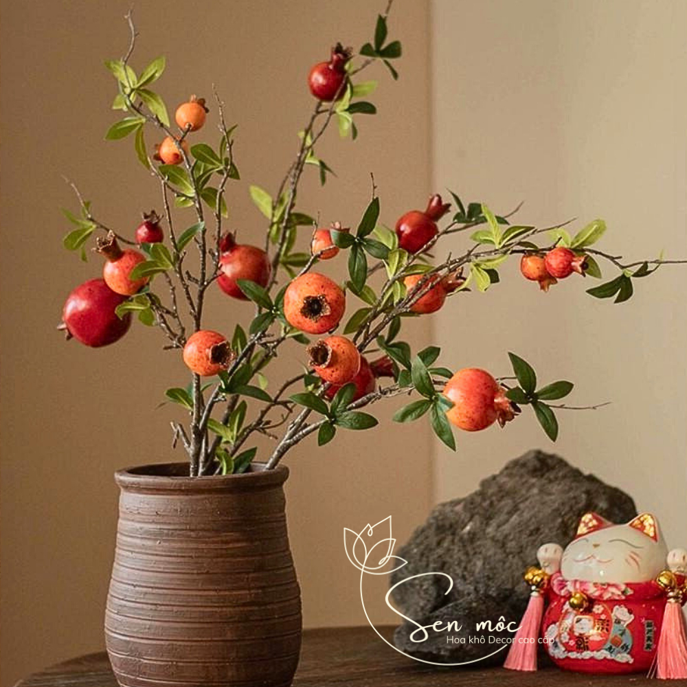 Hoa khô Sen Mộc - Cành lựu giả thân gỗ mốc 7 quả căng bóng loại to thân mốc trang trí nhà cửa và tết