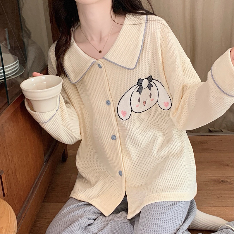 Bộ pyjama bộquần áo chất Waffle cổ bẻ bộ đồ ngủ tay dài chấtcotton thêu dễ thương thời trang xuân ,thu,đông cho nữ