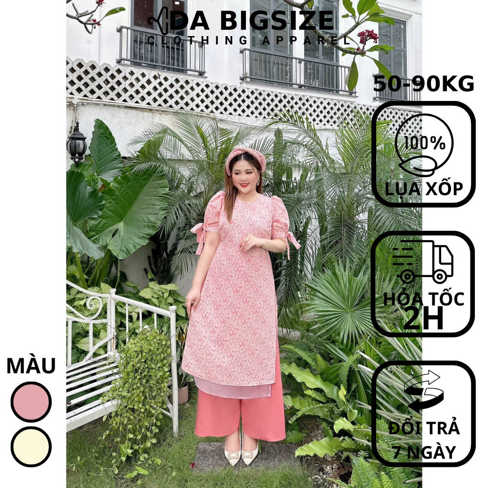 DA BIGSIZE - Áo Dài Bigsize Nữ Cách Tân Phối Nơ Với Chất Lụa Xốp Phối Chéo Nhung Đi Chùa , Đi Lễ , Chơi Tết Từ 50.90kg
