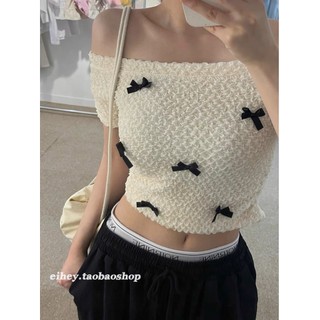 Áo trễ vai xốp nhún đính nơ metwo.dearu - áo trễ vai ribbon croptop xốp gấm thiết kế đính nơ tay ngắn ulzzang hq
