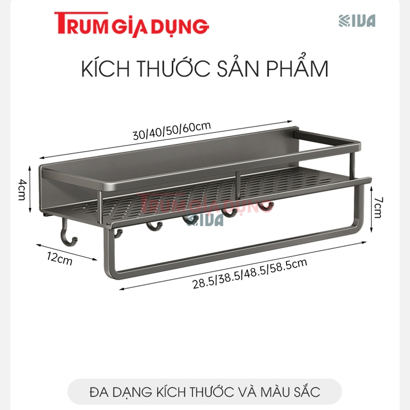 Giá kệ để đồ nhà bếp, nhà tắm TRÙM GIA DỤNG dán tường, khoan tường, chất liệu nhôm hàng không.